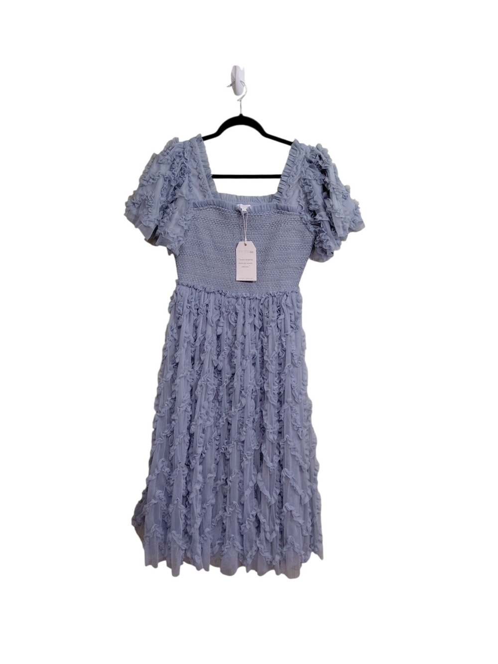 Smocked Ruffle-Textured Midi Dress in Light Powder Blue